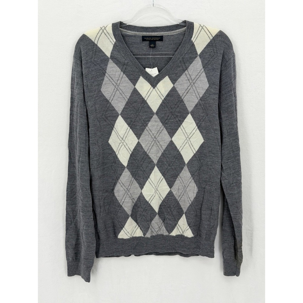 Banana Republic Sweater‎ Mens Large Gray Extra Fine Merino Wool Argyle Preppy
